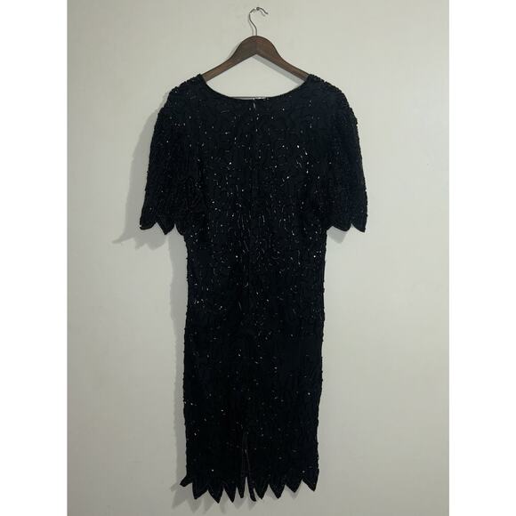 Vintage Laurence Kazar Silk Dress 2XL Black Beaded Sequin Elegant Formal Holiday - Picture 7 of 16